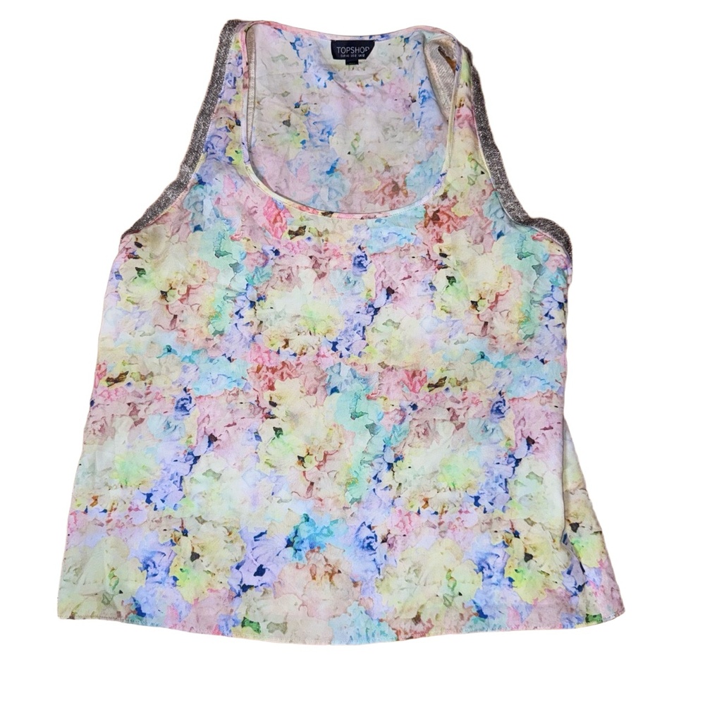 Topshop Womens US 8 UK 12 Multicolor Floral Watercolor Tank Top Metallic Straps